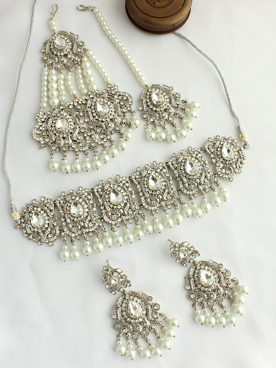 Adhira Choker Necklace Set-Silver