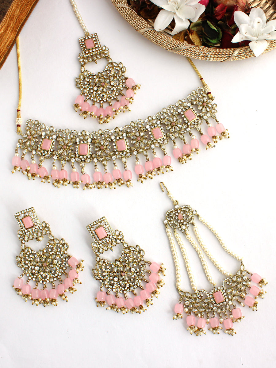 Ziba Necklace Set (White)-Pastel Pink