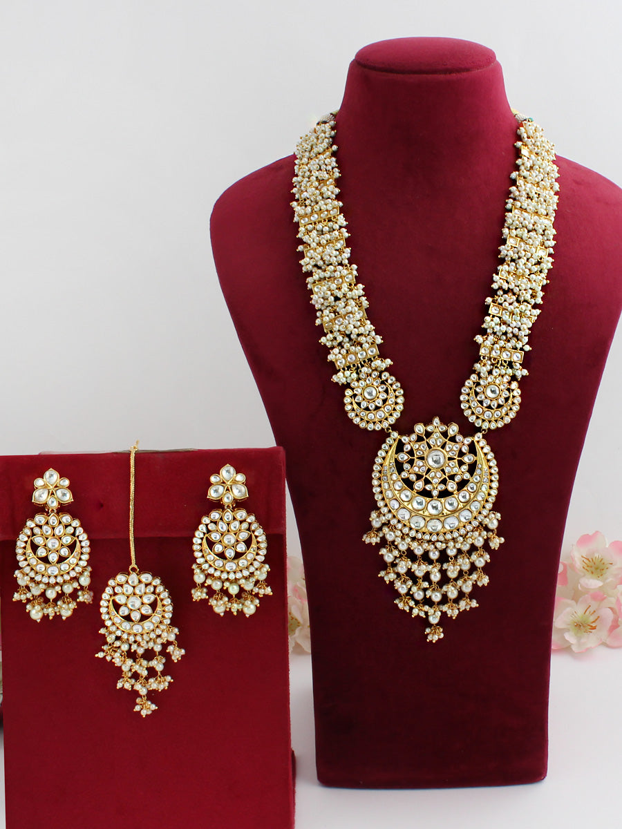 Alwar Long Kundan Necklace Set - White