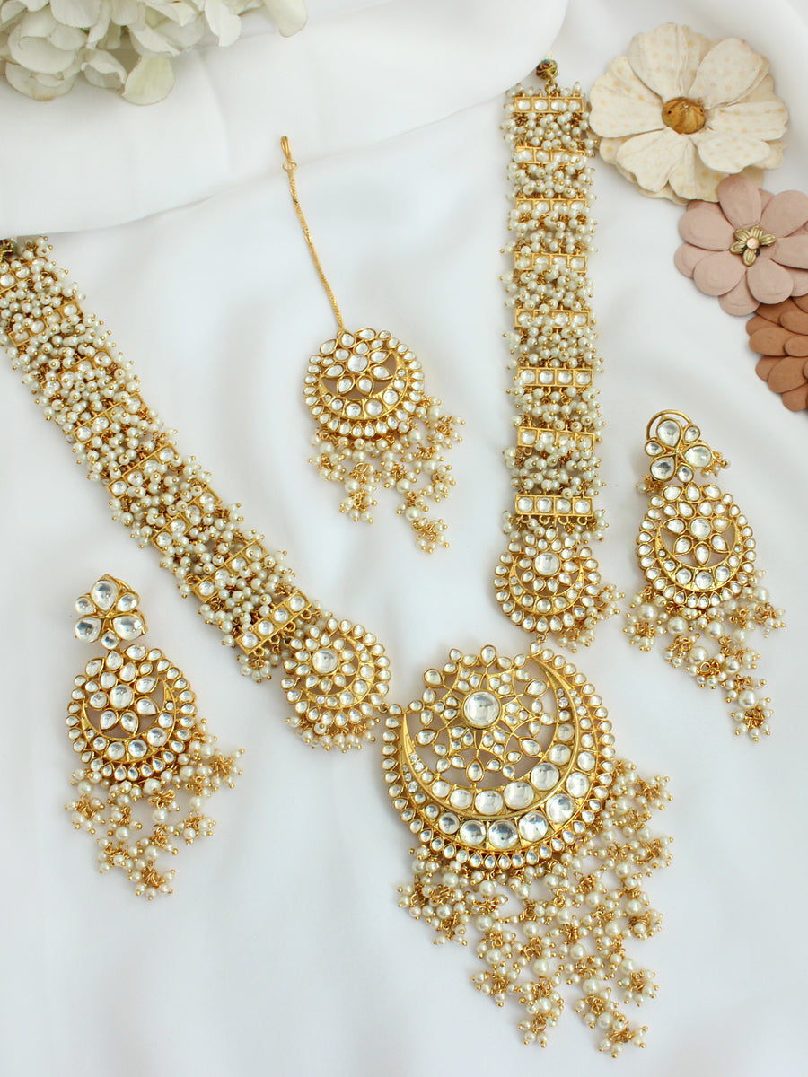 Alwar Long Kundan Necklace Set - White