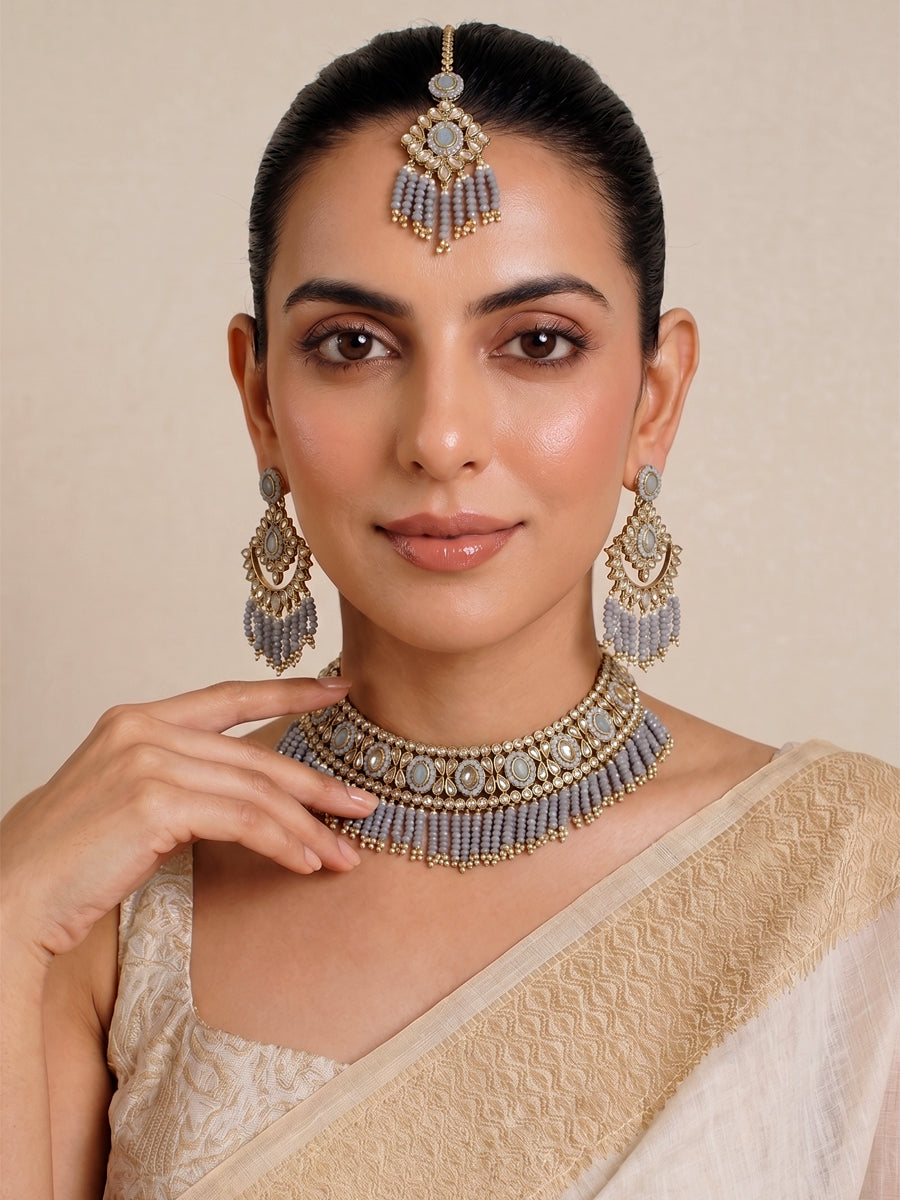 Maryam Bib Necklace Set-Grey