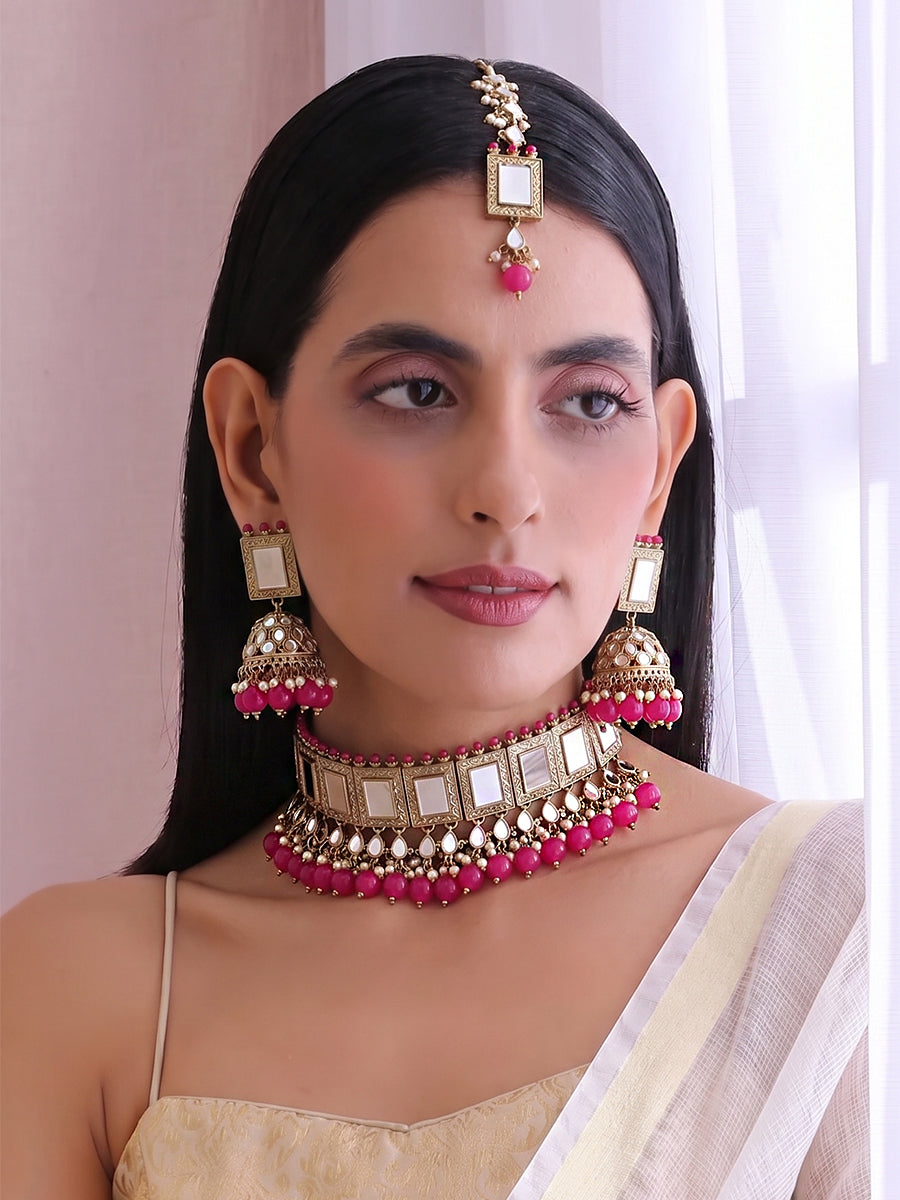 Kareena Necklace Set-Ruby Pink