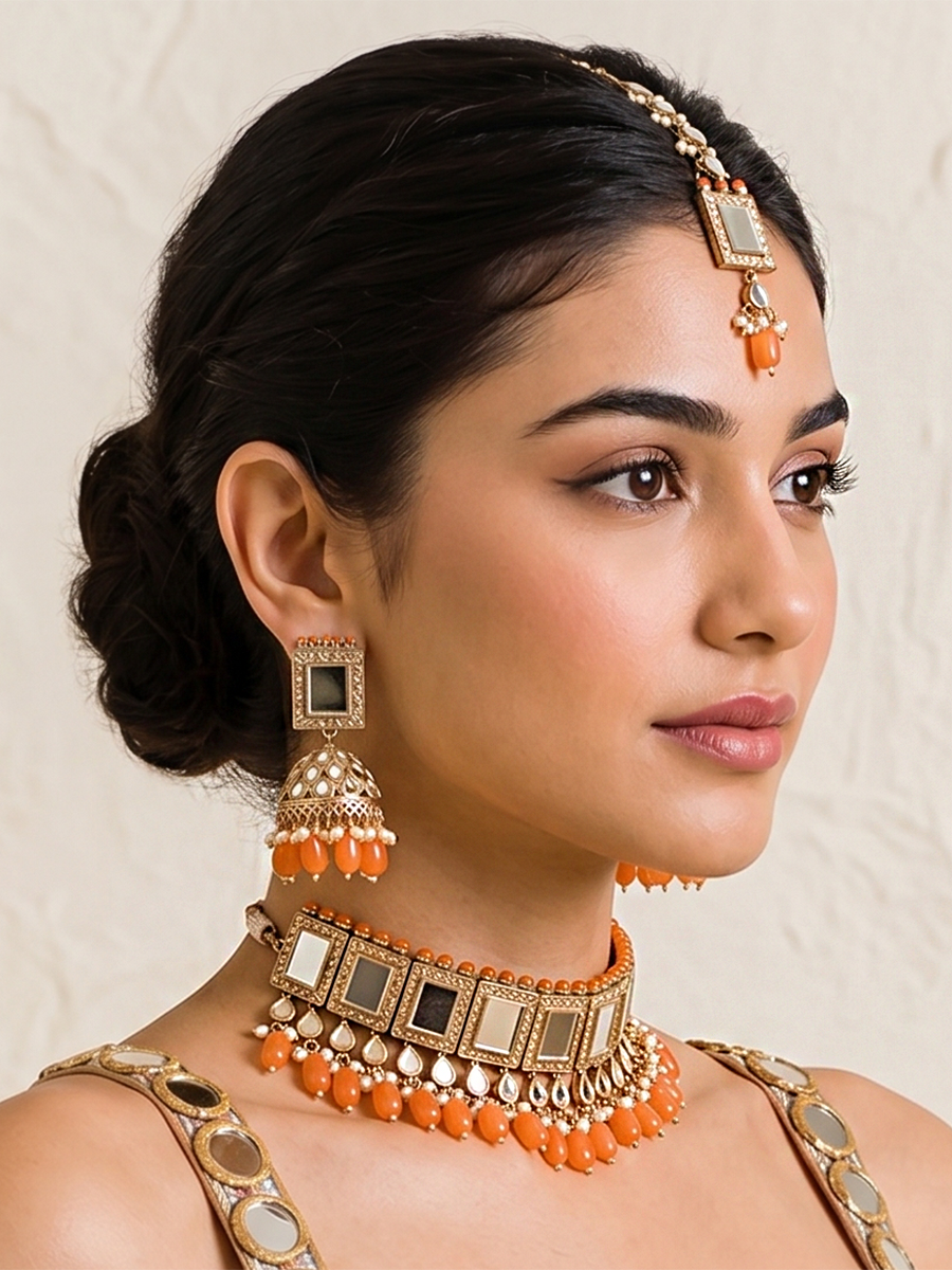 Kareena Necklace Set-Orange
