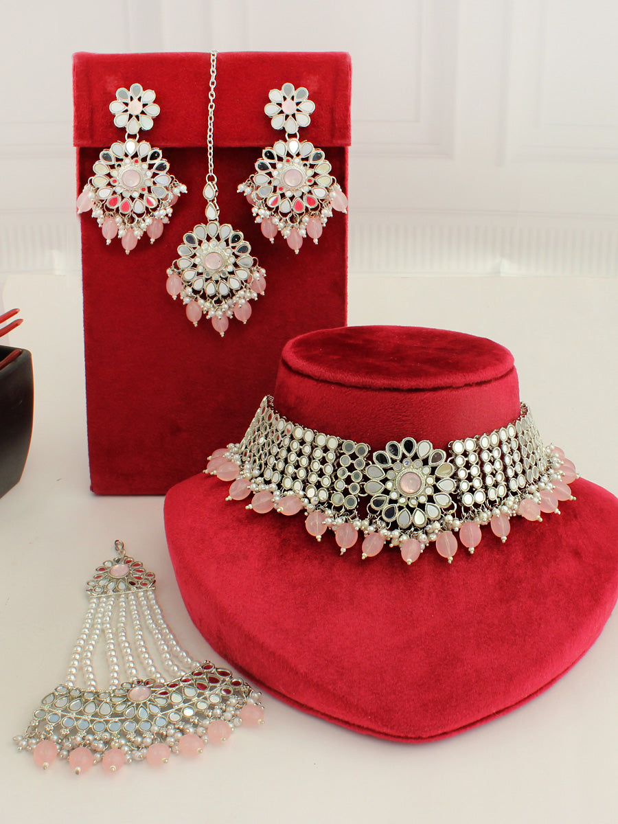 Kangana Necklace Set(Silver)Patel Pink
