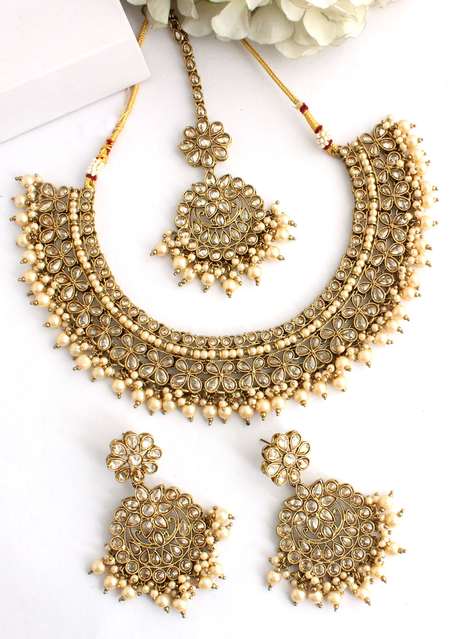 Mansi Long Necklace Set-Green-Gold