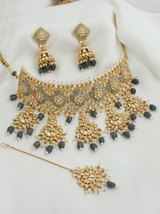 Punjab Necklace Set-Grey