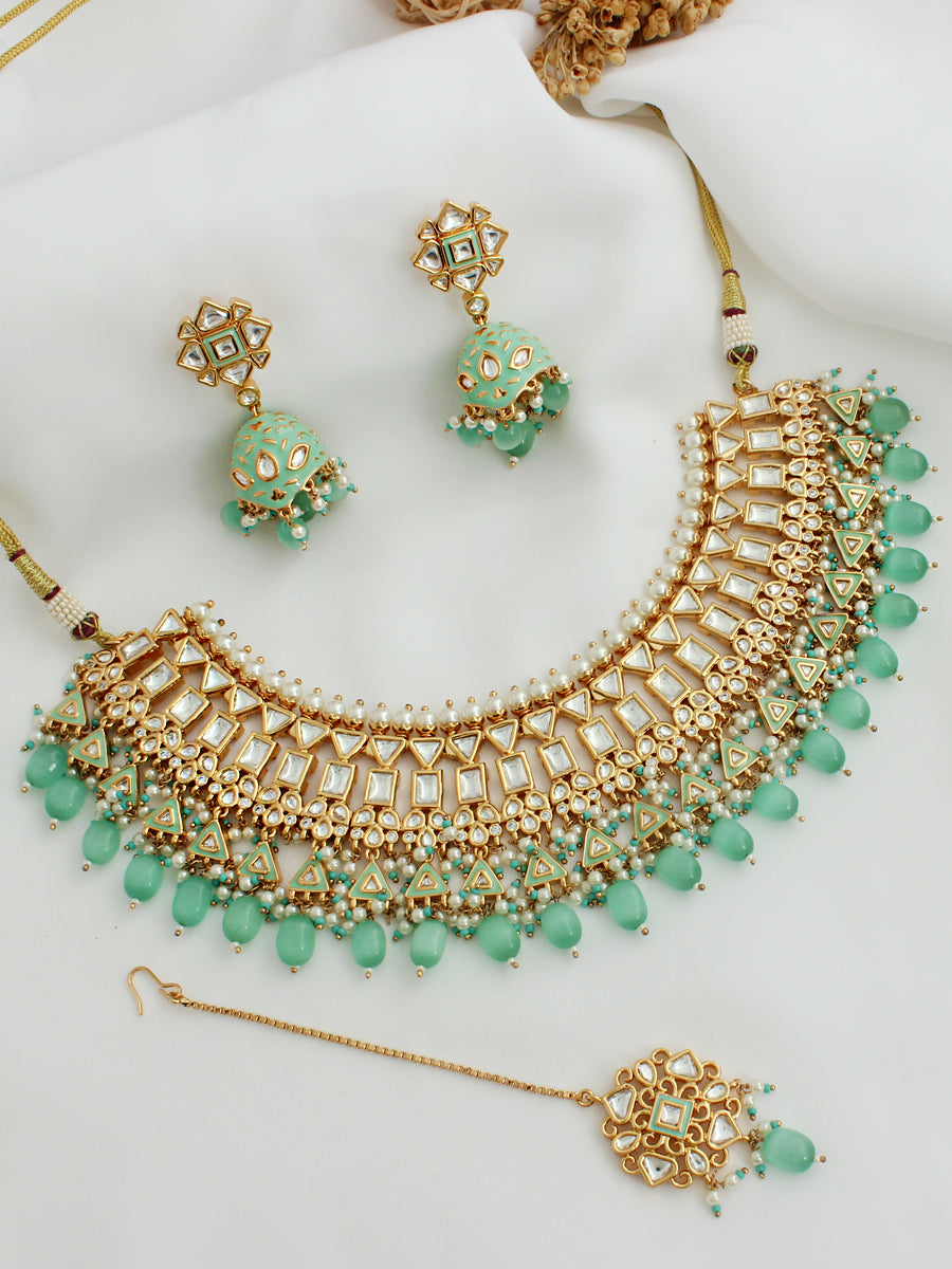 Multan Bib Necklace Set-Mint green