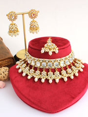 Madiha Kundan Choker Necklace Set-Pink -Pearl