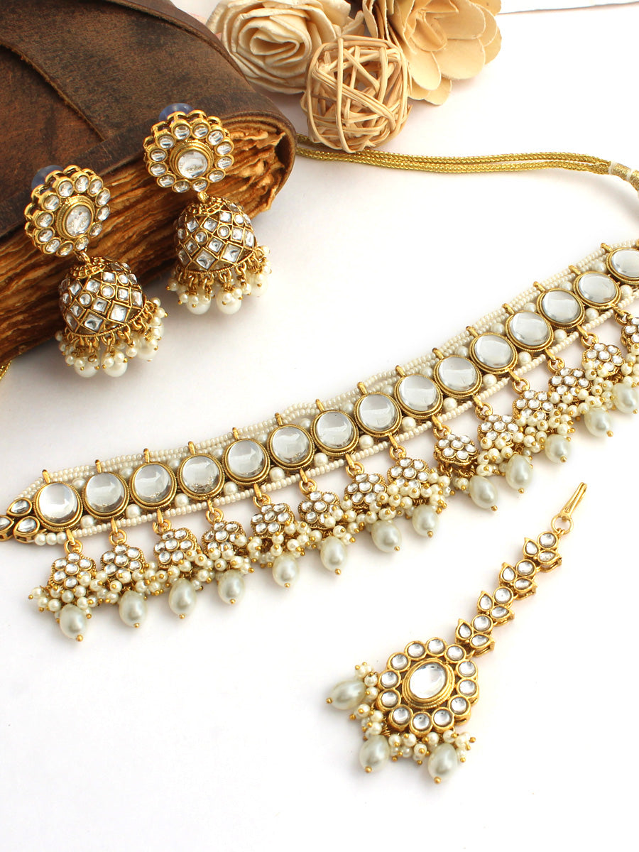 Madiha Kundan Choker Necklace Set-Pearl