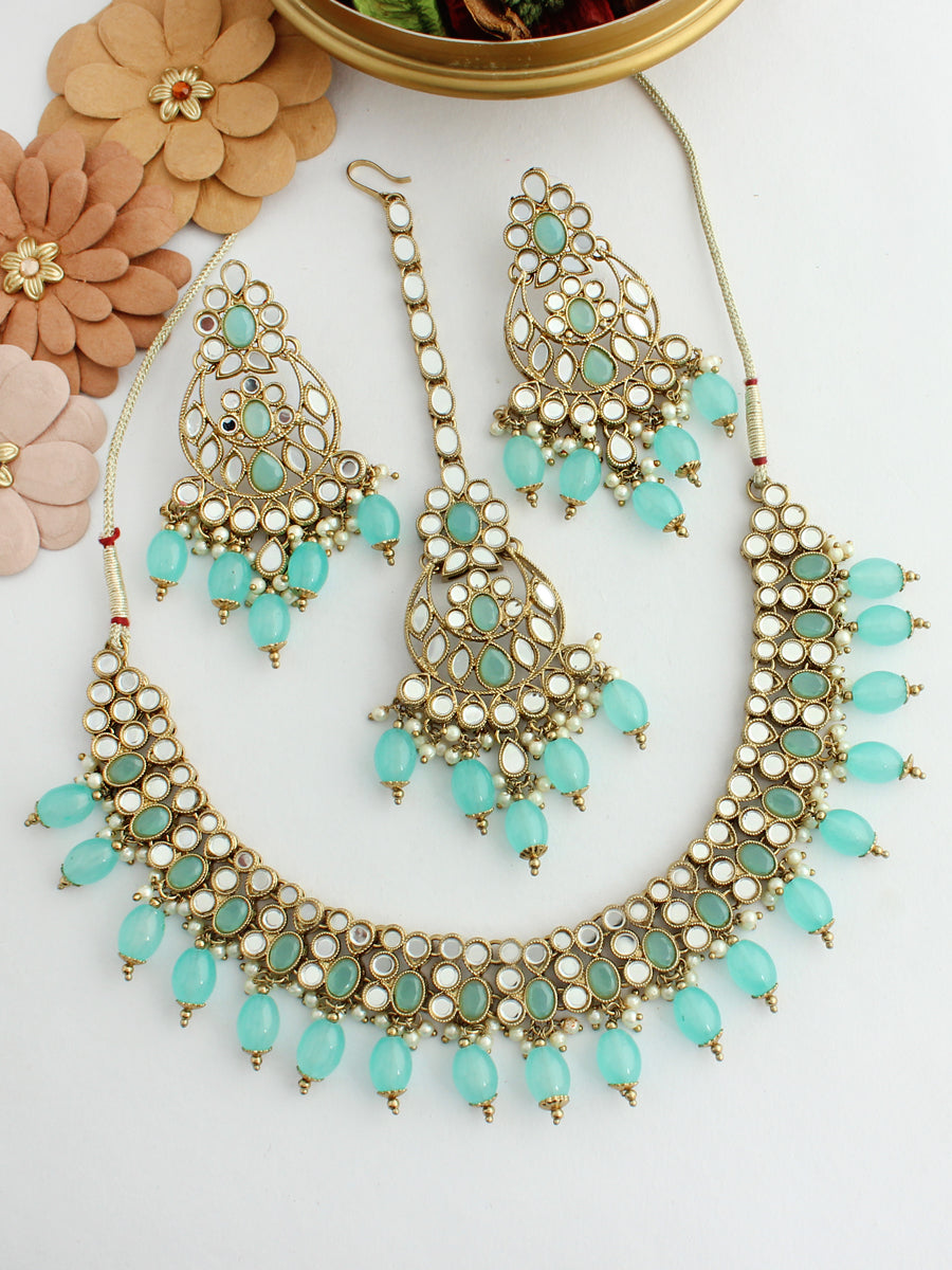 Faiza Mirror Necklace Set-Aqua
