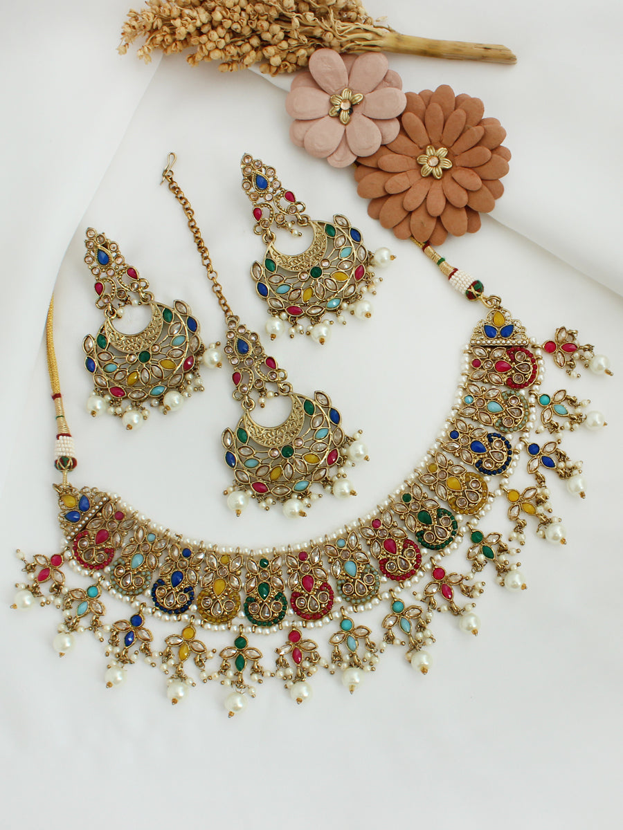 Anushri Polki Bib Necklace Set-multicolor