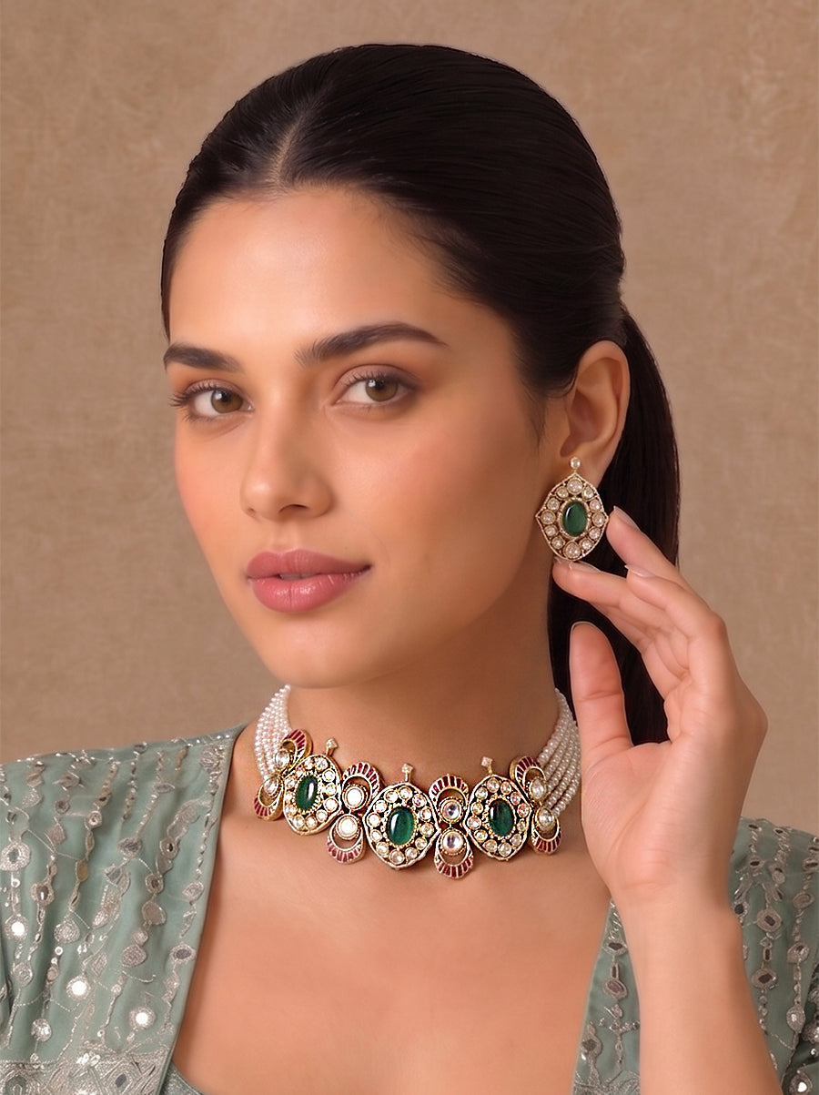 Sreeja Choker Necklace Set-Green