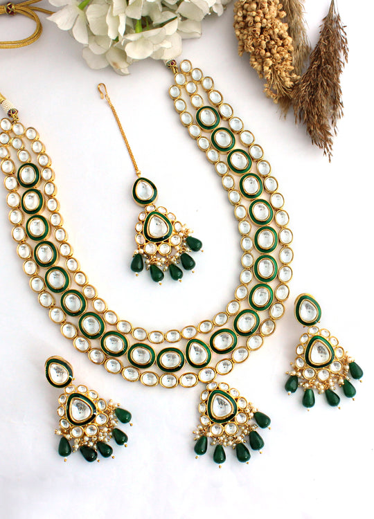 Lucknow Long Necklace Set-Green