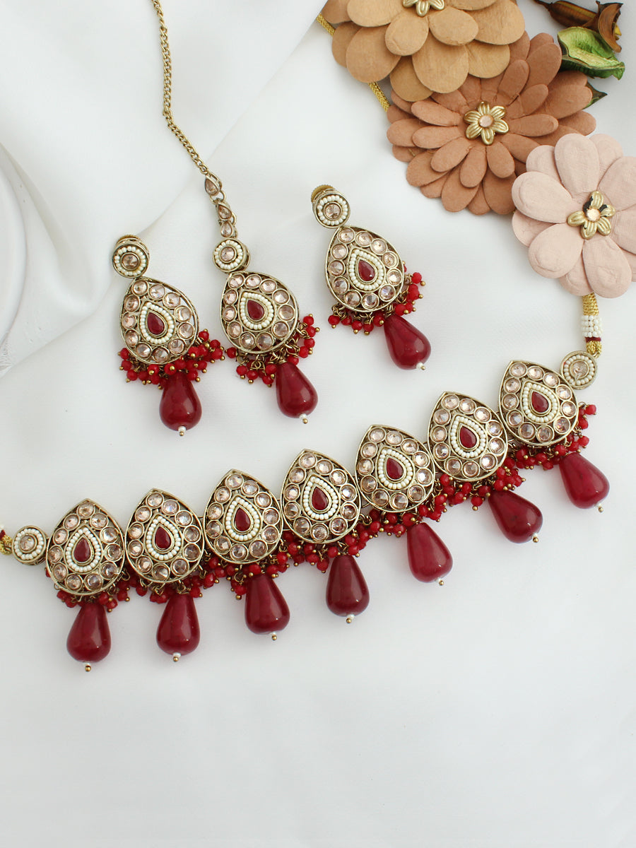 Malika Choker Necklace Set-Maroon