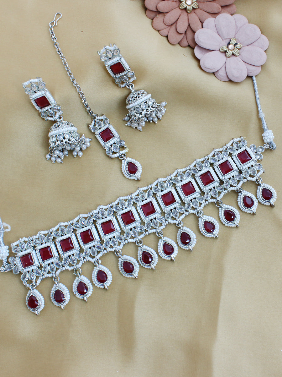 Malishka Choker Necklace Set-Maroon