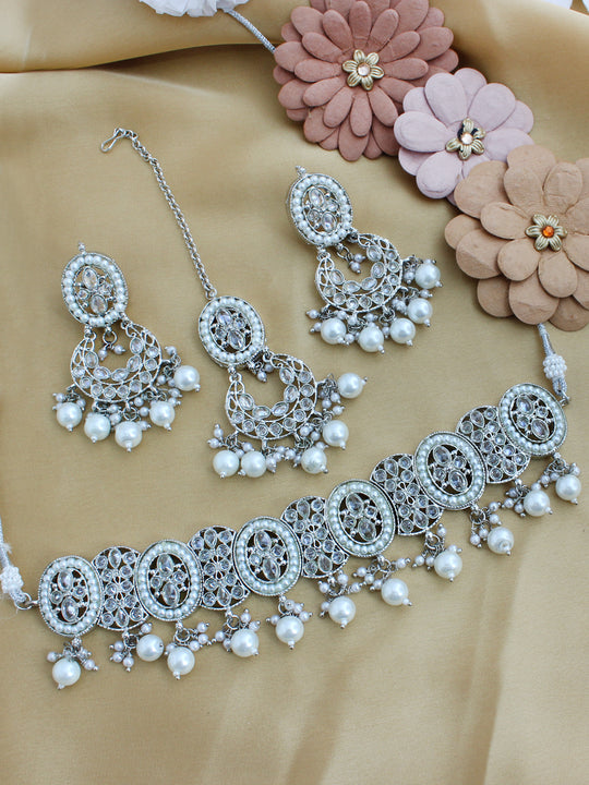 Manika Choker Necklace Set-Silver