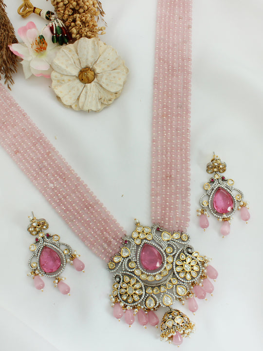 Latika long Necklace Set-Pink