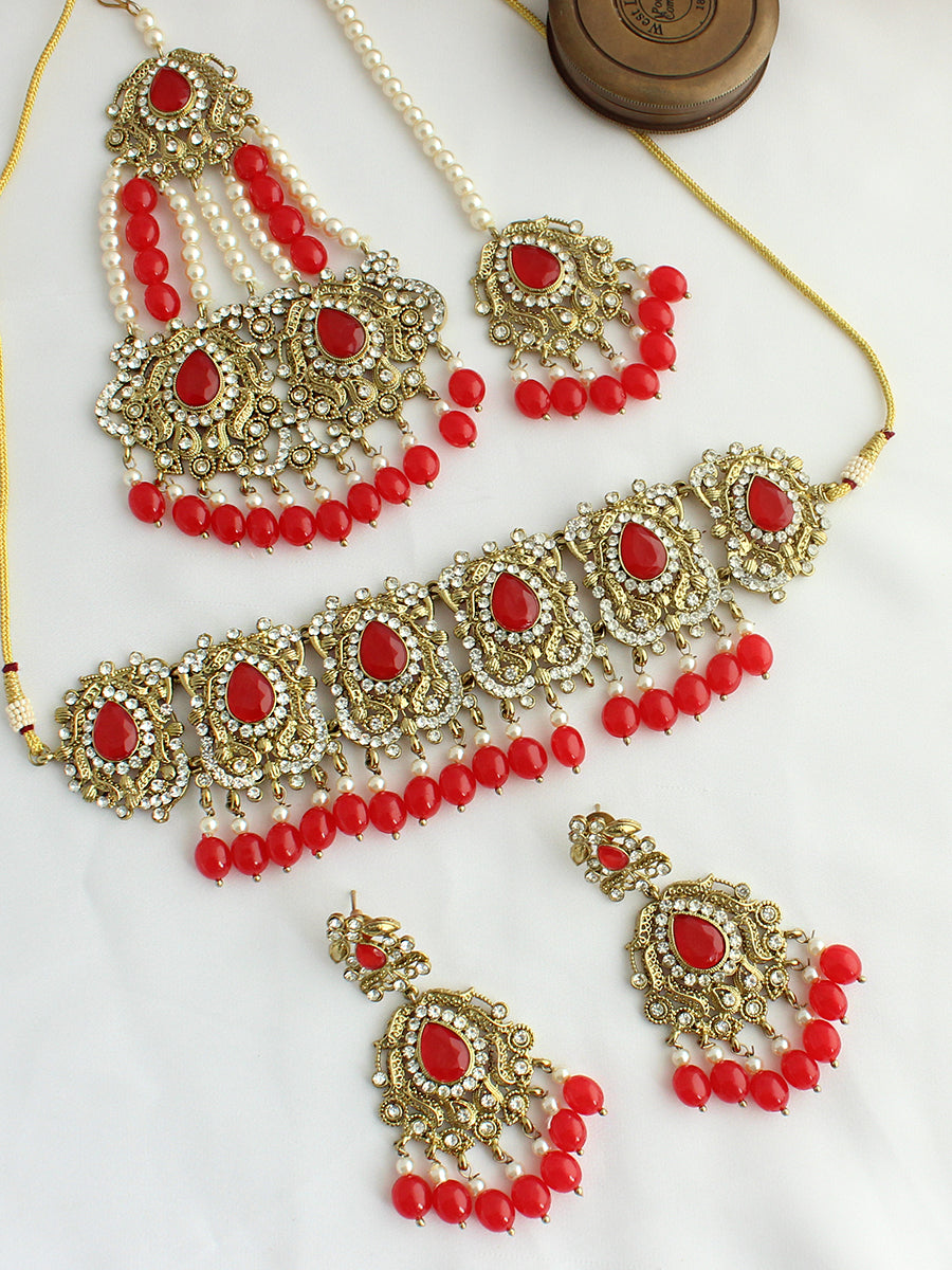 Adhira Choker Necklace Set-Red