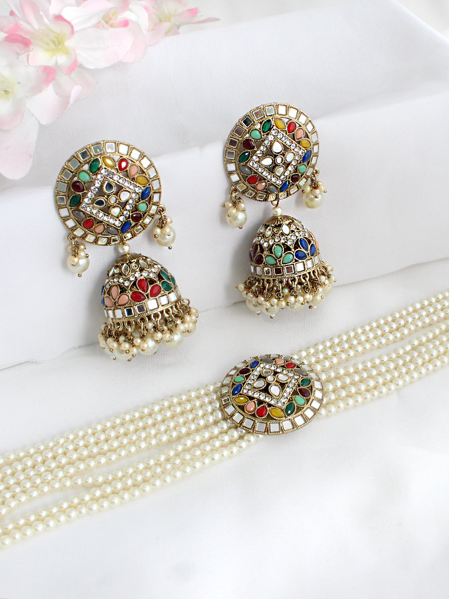 Ishrat Mirror Choker Necklace Set  Bollywood Style Statement Necklace for Weddings