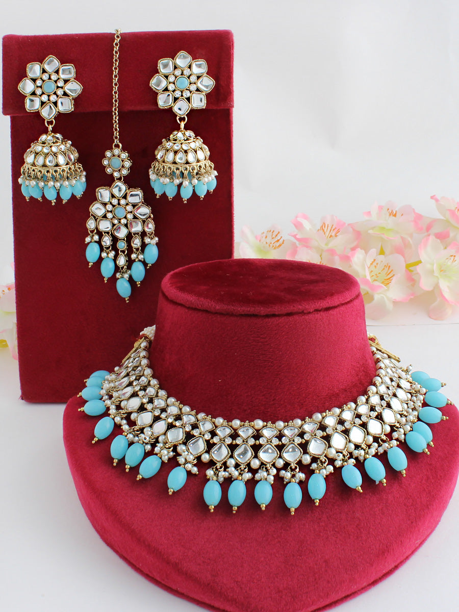 Sneha Bib Necklace Set-Turquoise