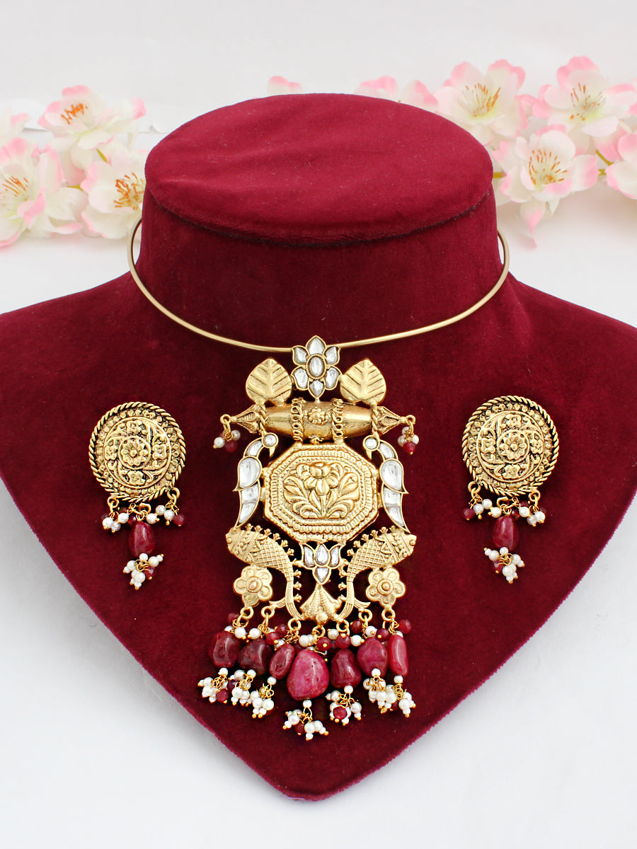 Rukmani Hasli Necklace Set-Maroon