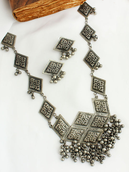 Umang Long Necklace Set-Antique Silver