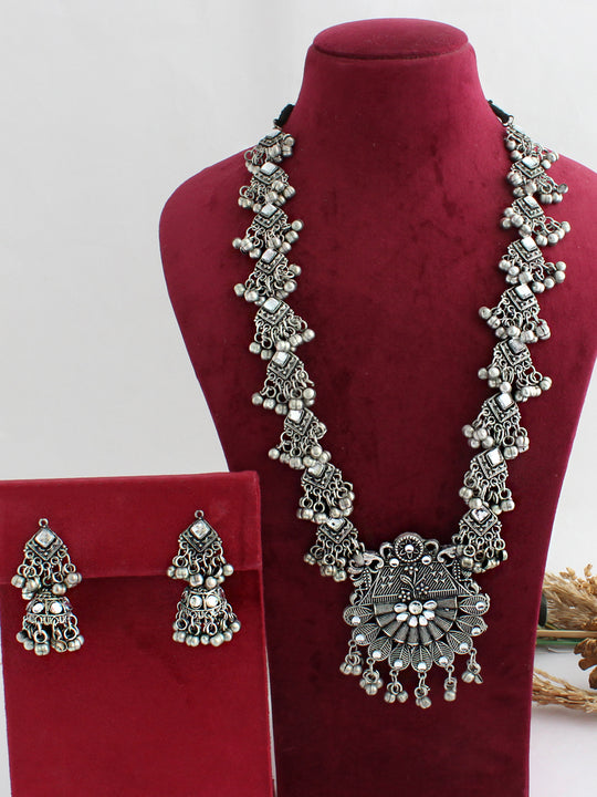 Afsana Long Necklace Set-Antique Silver