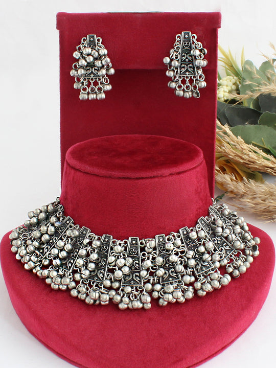 Maithili Bib Necklace Set-Antique Silver