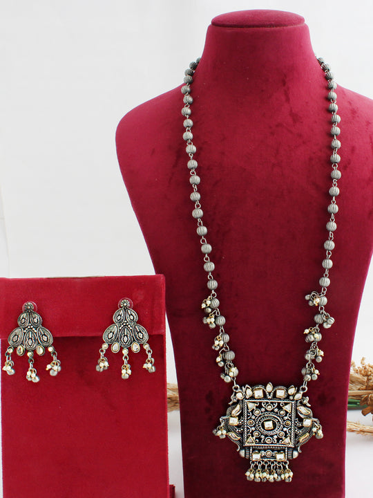 Ushmi Long Necklace Set-Antique Silver