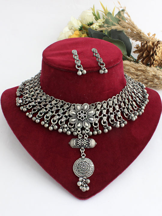 Ipshita Bib Necklace Set-Antique Silver
