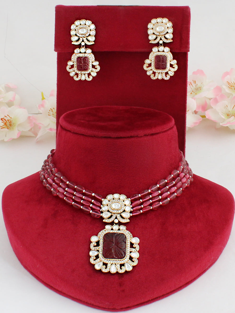 Aakriti Bib Necklace Set-Ruby Pink