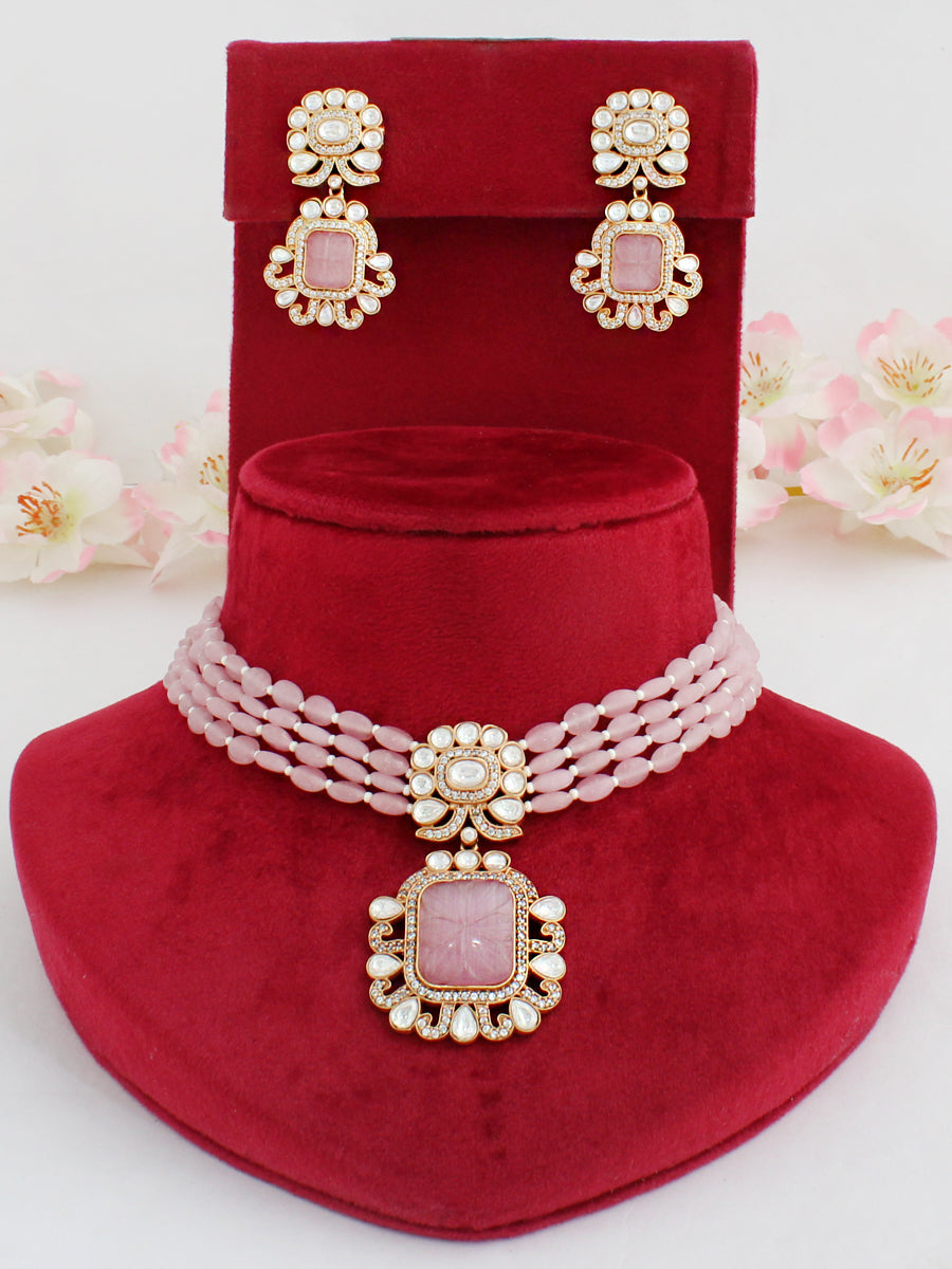 Aakriti Bib Necklace Set-Pastel Pink