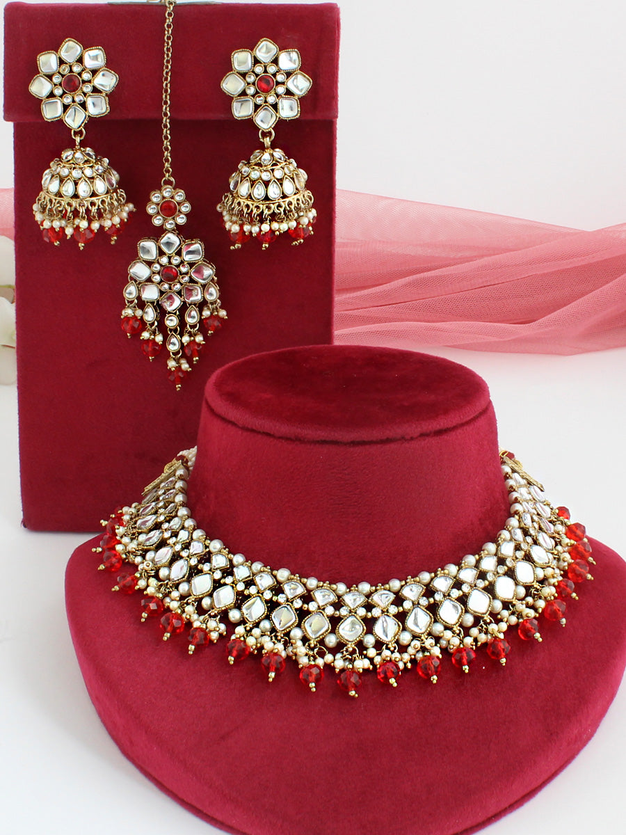 Sneha Bib Necklace Set-Red