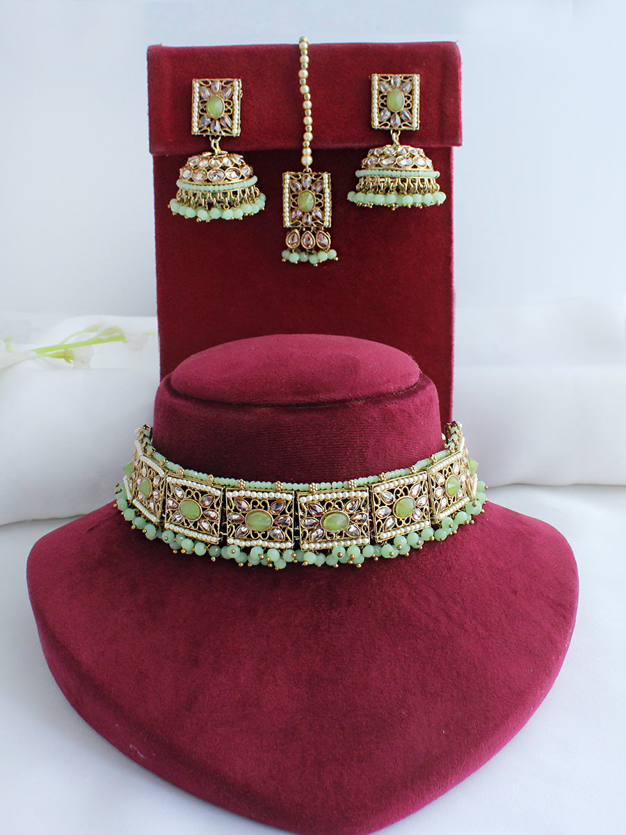 Asin Choker Necklace Set-Mint Green