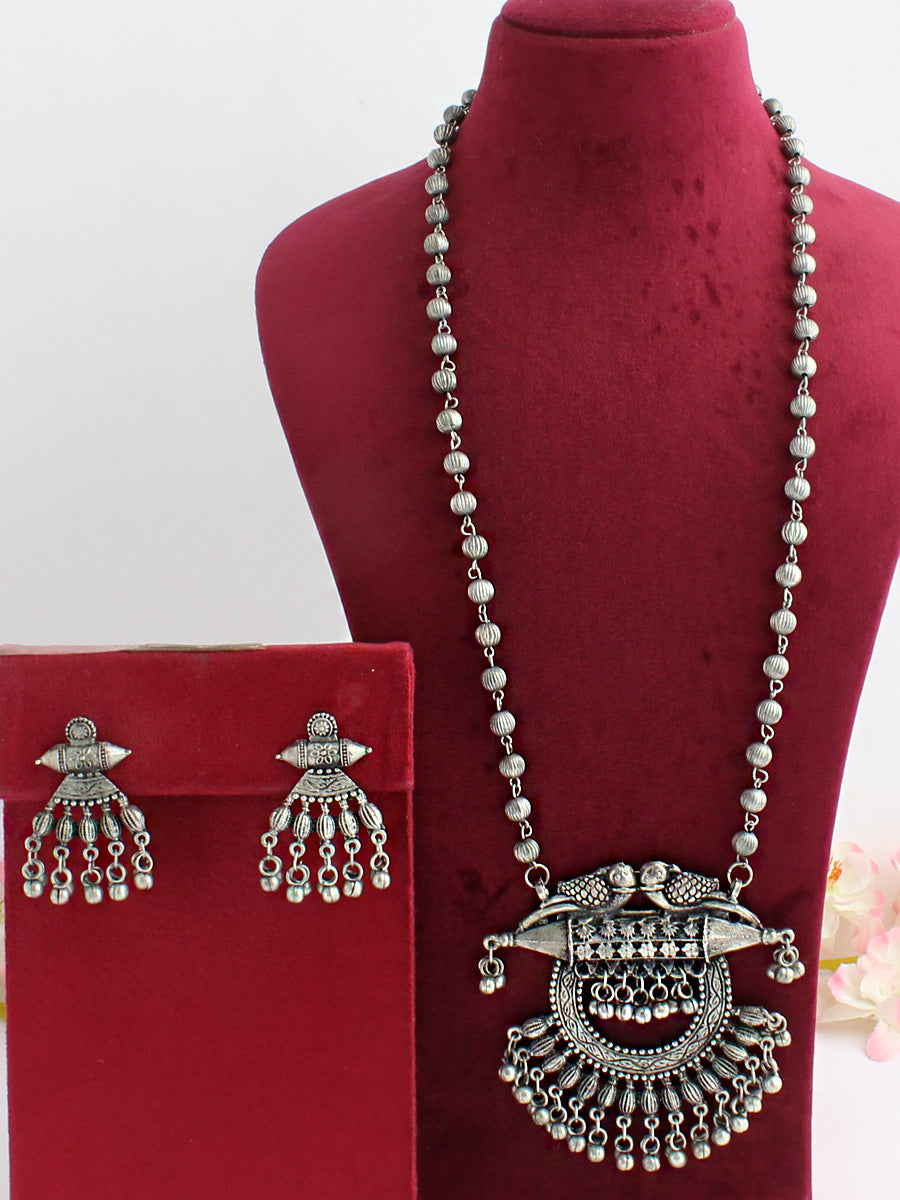 Maithili Long Necklace Set-Antique Silver