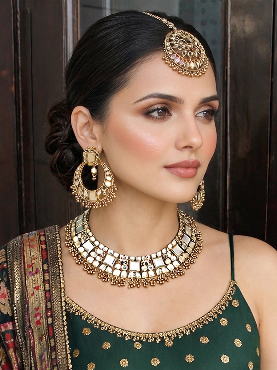Amyra Mirror Necklace Set Gold Plated Indian Necklace Set | USA Delivery
