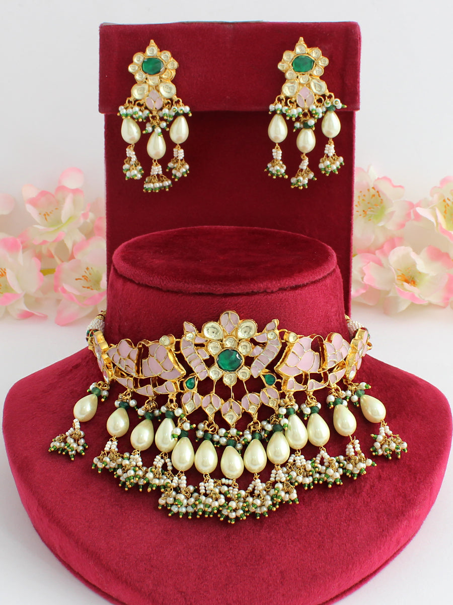Adwita Choker Necklace Set-Pastel Pink & Green