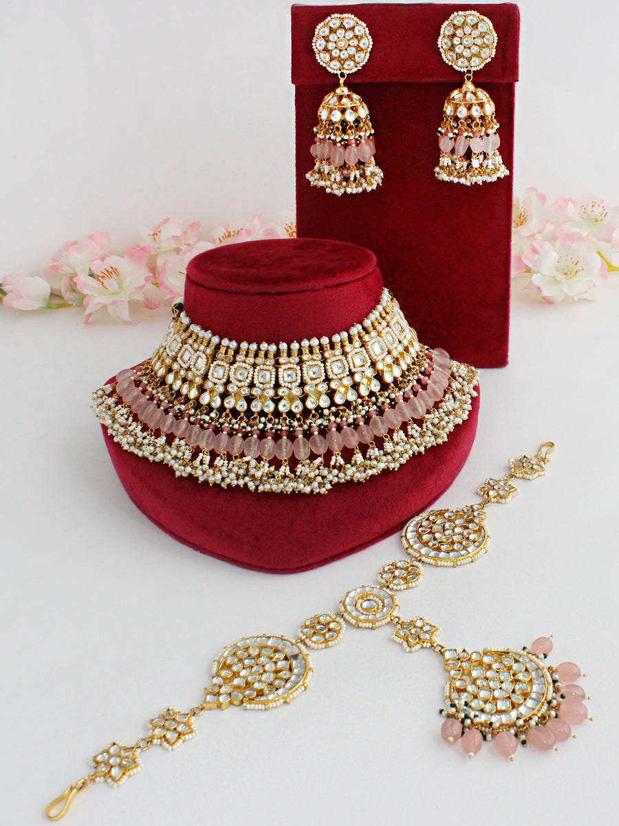 Sonam Necklace Earrings with Sheeshphool-Pastel Pink