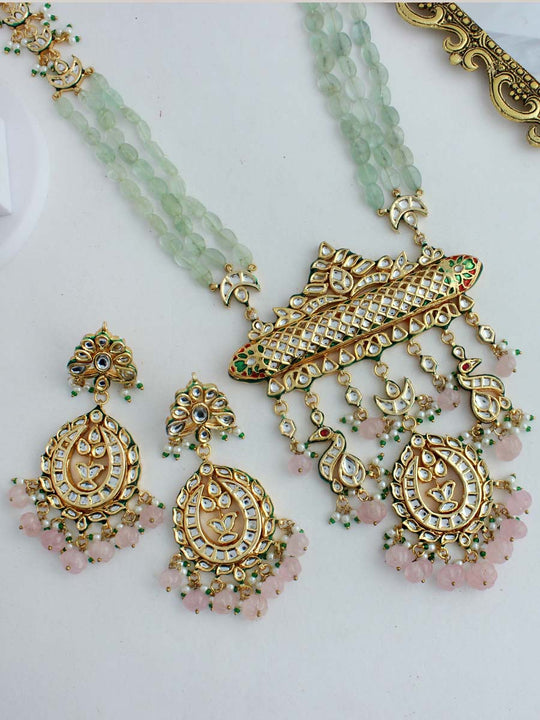 Rohini Long Necklace Set-Pastel pink / Mint Green