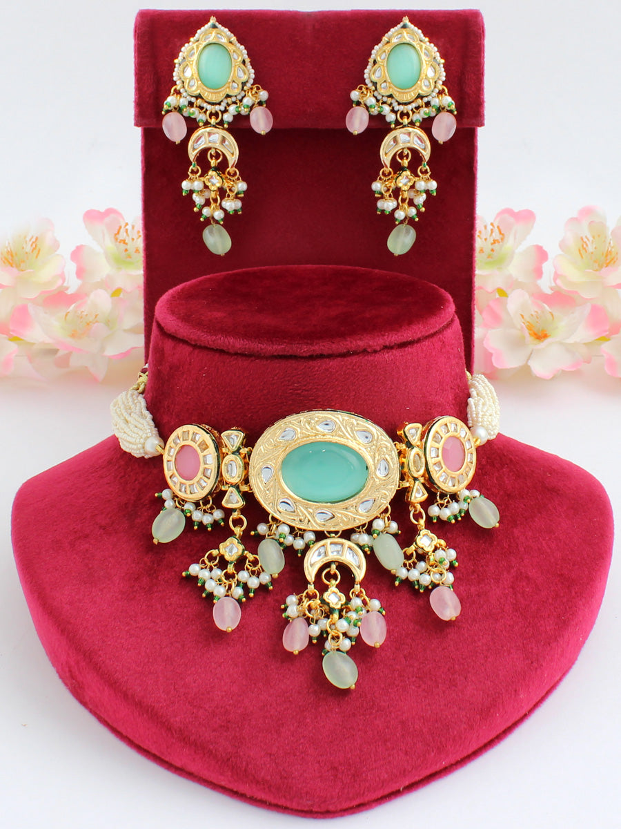 Nabhya Necklace Set-Mint Green / Pastel Pink