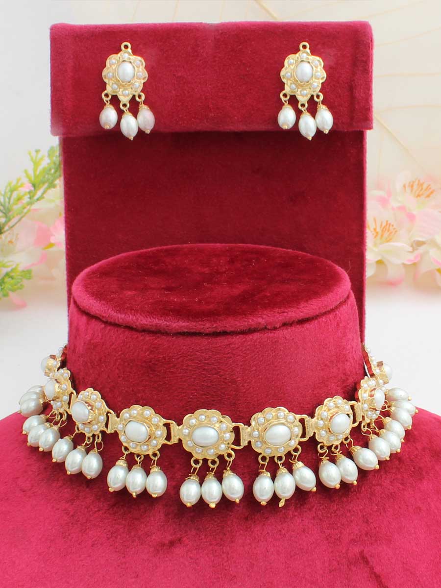 Ayeza Jadau Choker Necklace Set-Pearl