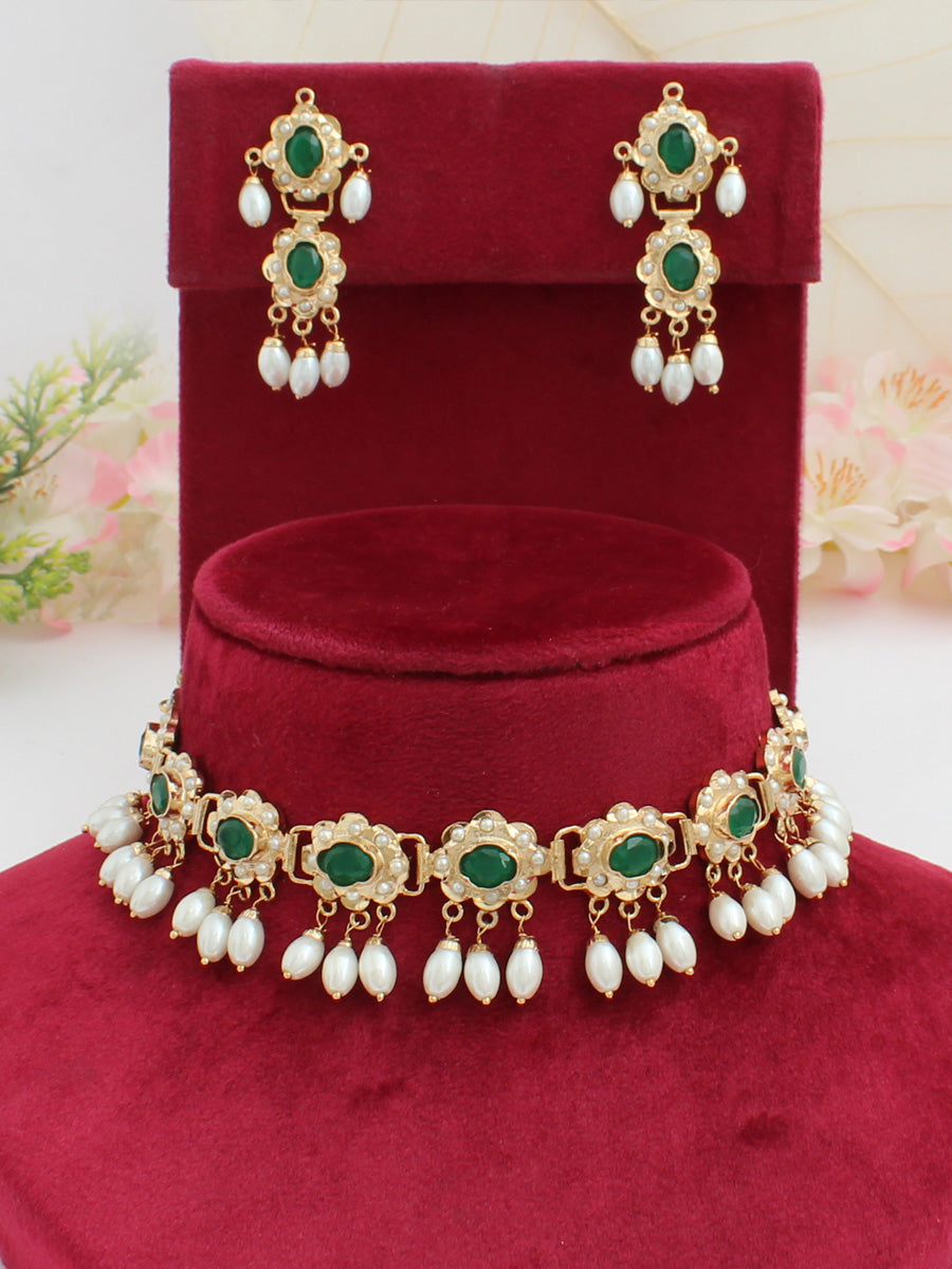 Ayeza Jadau Choker Necklace Set-Green