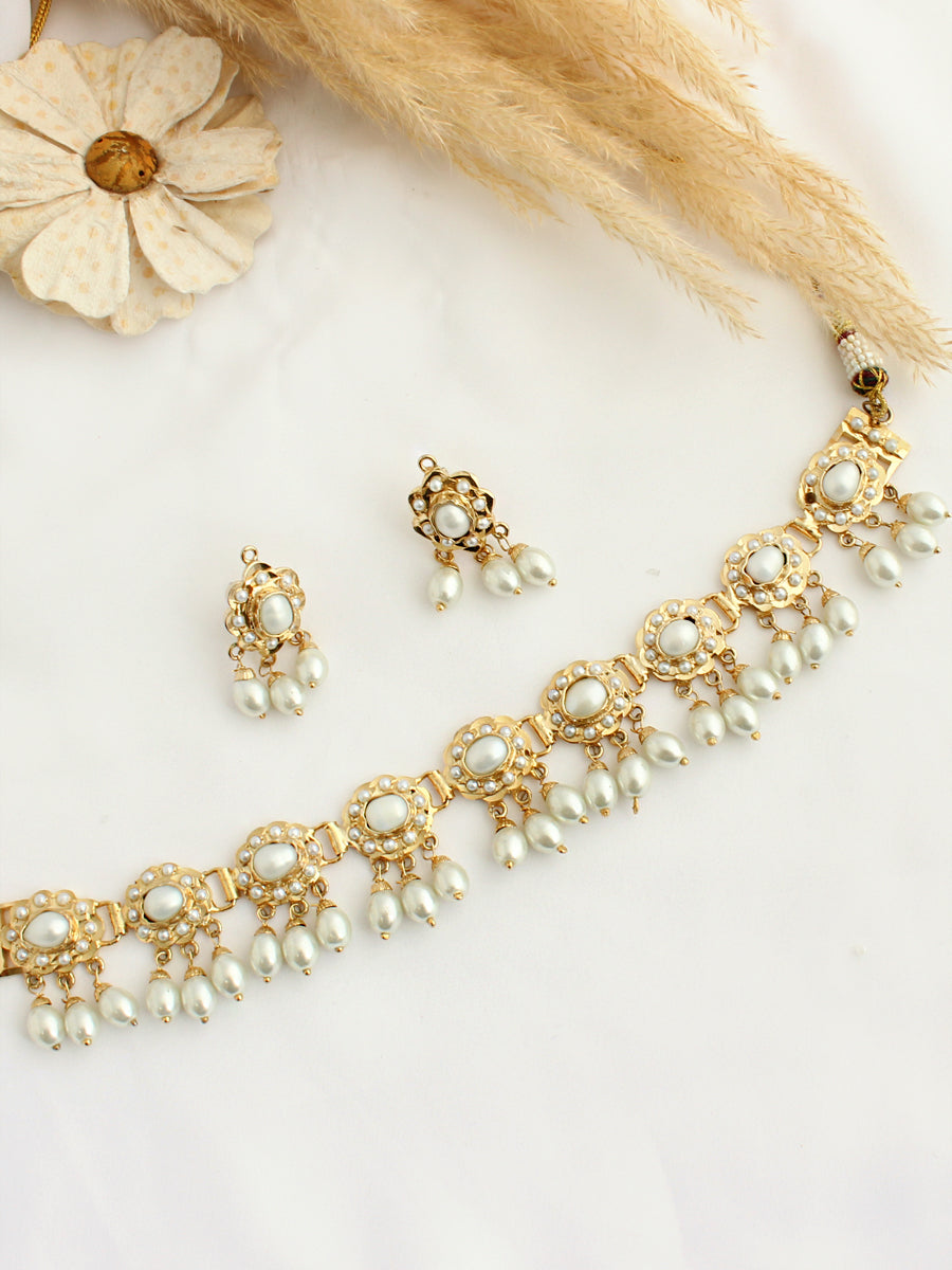 Ayeza Jadau Choker Necklace Set-Pink & Green