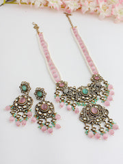 Ridhanshi Long Necklace Set-pastel Pink/ mint green