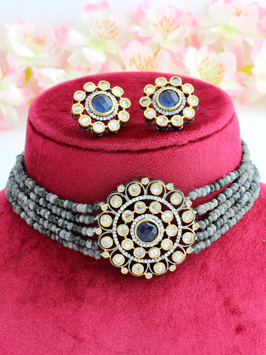 Ramiza Choker Necklace Set-Navy Blue
