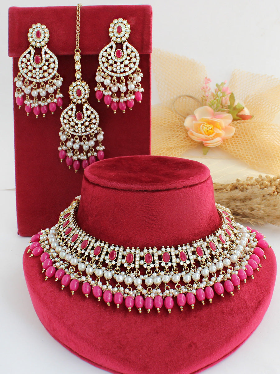 Anisha Bib Necklace Set-Ruby pink
