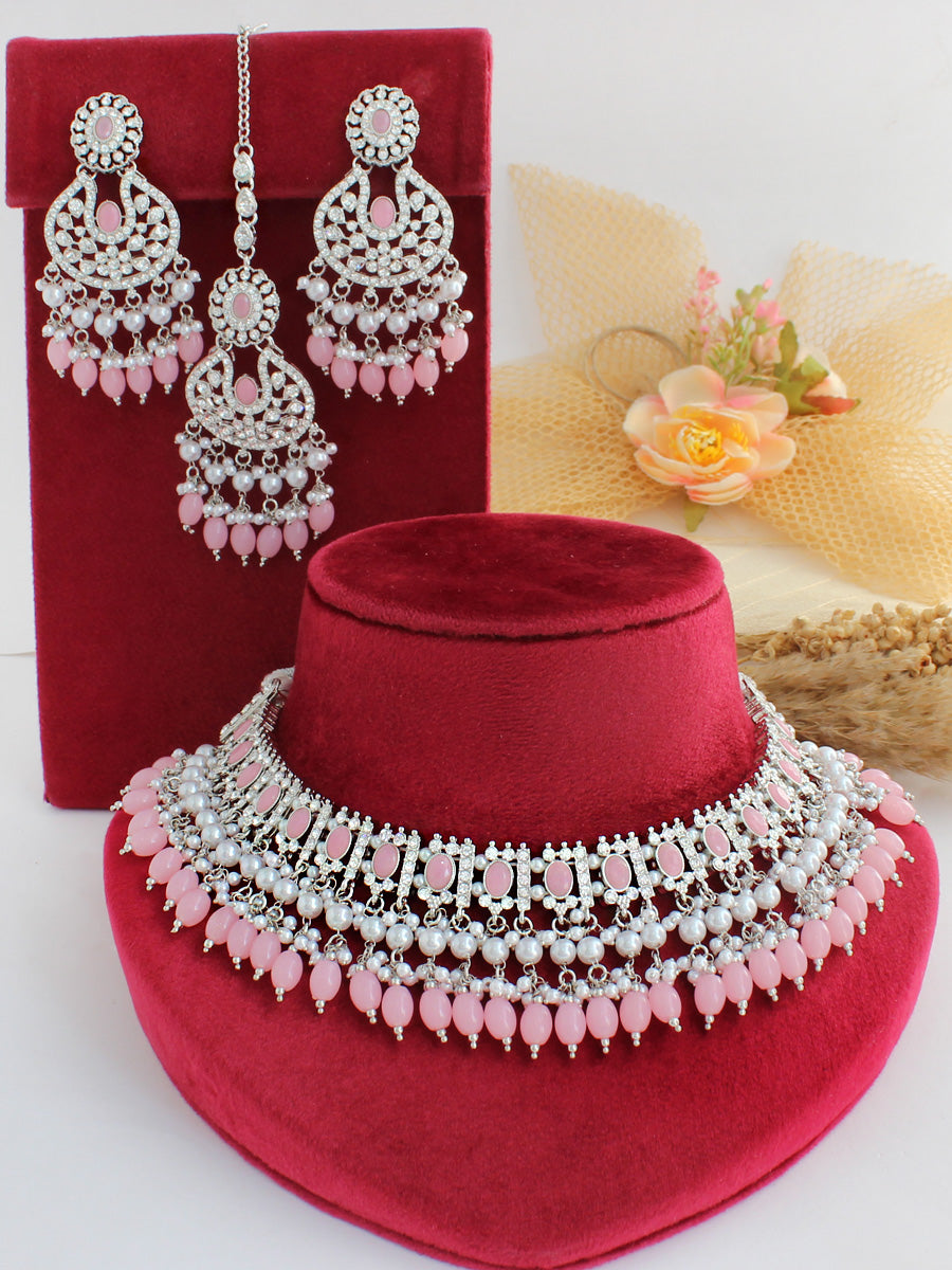 Anisha Bib Necklace Set-pastel pink