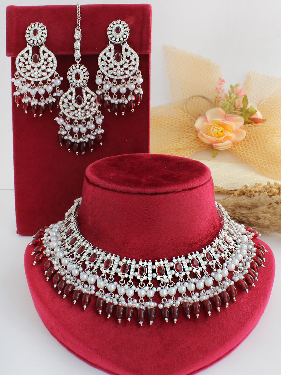 Anisha Bib Necklace Set-Maroon