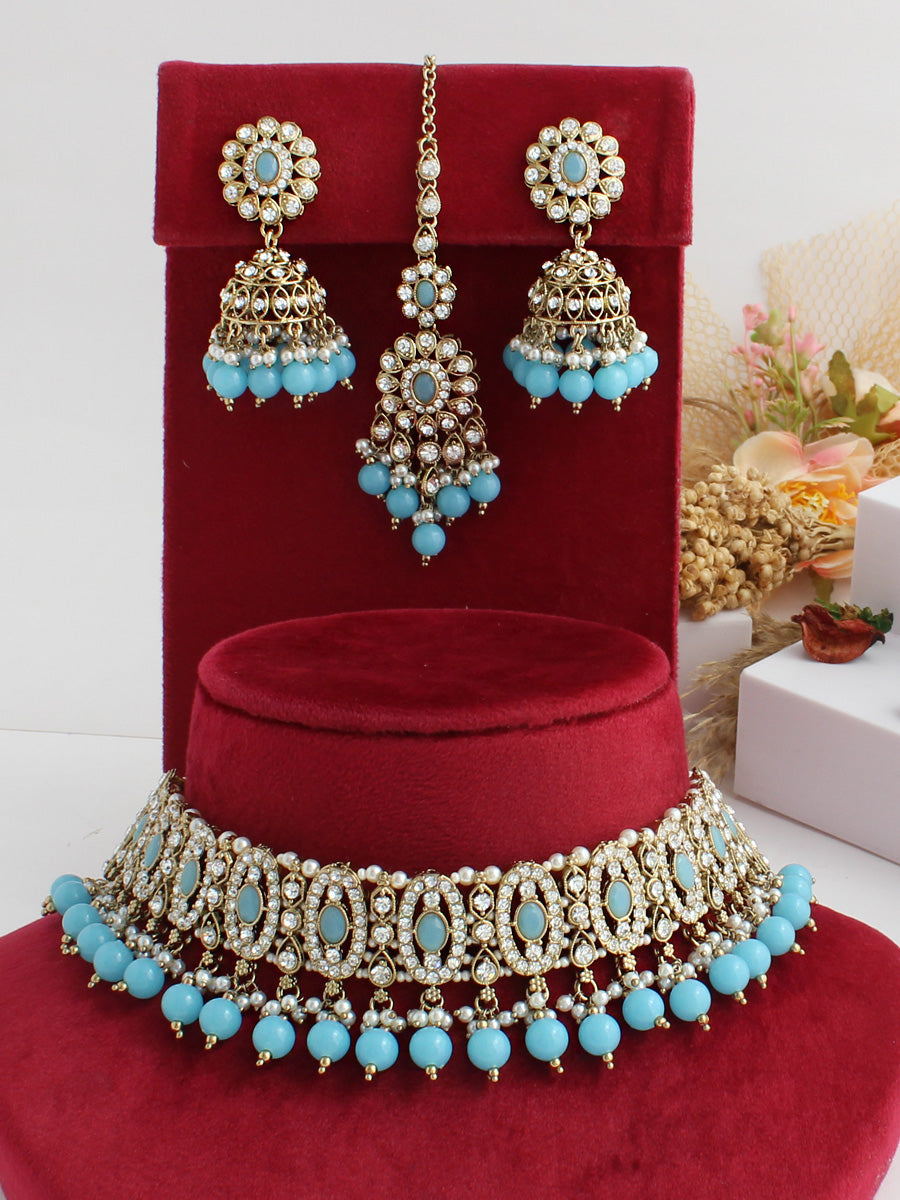 Aasma Choker Necklace Set-Turquoise