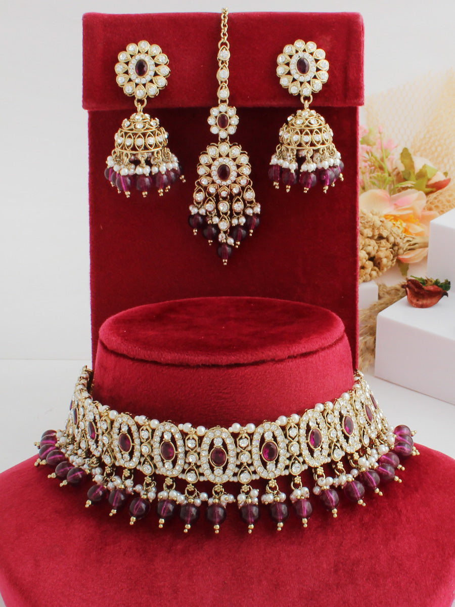 Aasma Choker Necklace Set-Purple